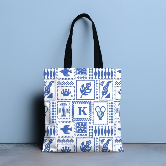 Monogram Modern Blauw Wit Abstract Patroon Tote Bag