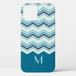 Monogram modern Blauwgroen Chevron Stripes iPhone 12 Pro Hoesje