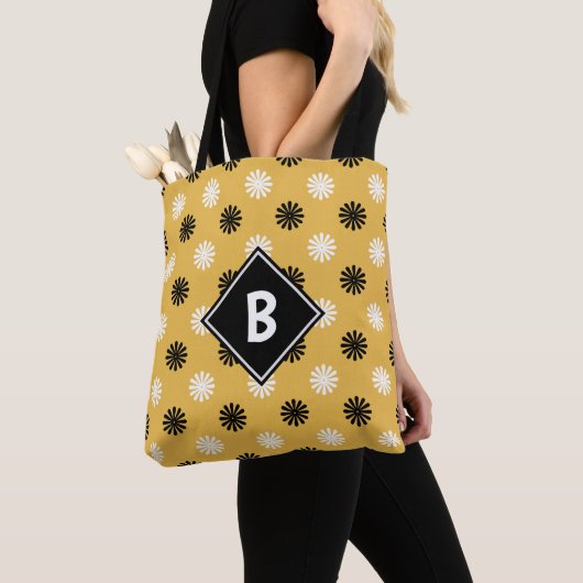 Monogram Modern Bloem Abstract Patroon Geel Tote Bag (Dichtbij)