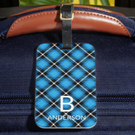 Monogram Modern Blue Black Pattern | Tartan Bagagelabel