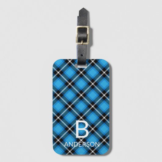 Monogram Modern Blue Black Pattern | Tartan Bagagelabel (Voorkant (verticaal))