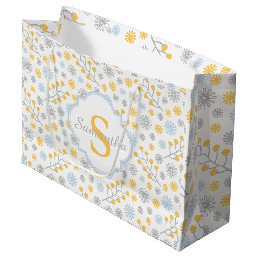 Monogram Modern Blue Yellow & Grey Gift Bag Groot Cadeauzakje (Voorkant Gekanteld)