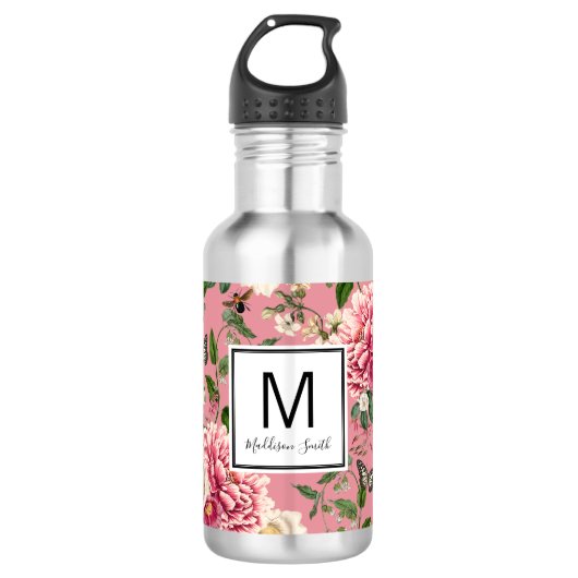 Monogram Modern Blush Pink Floral Waterfles (Voorkant)