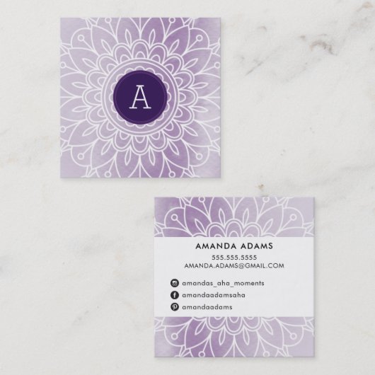  MONOGRAM Modern boho mandala patroon paarse Vierkante Visitekaartje (Voorkant / Achterkant)