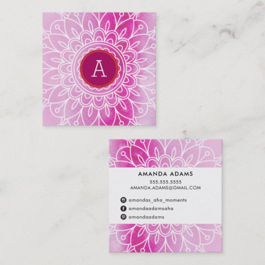  MONOGRAM modern boho mandala patroon roze Vierkante Visitekaartje (Voorkant / Achterkant)