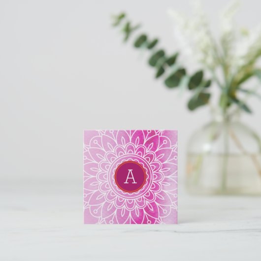  MONOGRAM modern boho mandala patroon roze Vierkante Visitekaartje (Staand voorkant)