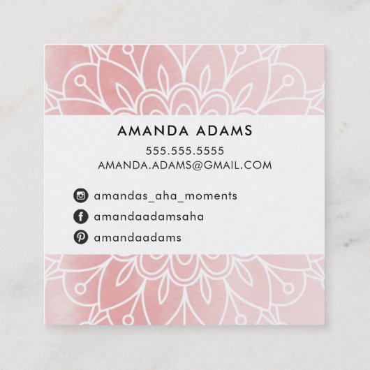  MONOGRAM modern boho mandala patroon roze Vierkante Visitekaartje (Achterkant)