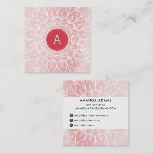 MONOGRAM modern boho mandala patroon roze Vierkante Visitekaartje (Voorkant / Achterkant)