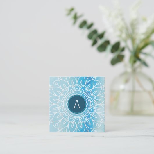 MONOGRAM modern boho mandala patroonaqua Vierkante Visitekaartje (Staand voorkant)