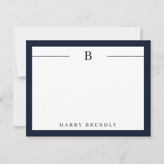 Monogram Modern Border Navy White Flat Note Card Notitiekaartje (Voorkant)