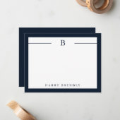 Monogram Modern Border Navy White Flat Note Card Notitiekaartje (Voorkant / Achterkant in situ)