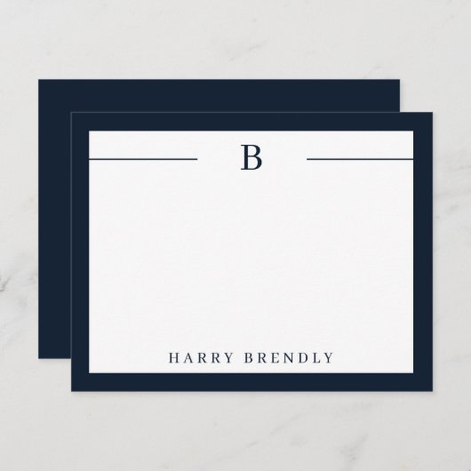 Monogram Modern Border Navy White Flat Note Card Notitiekaartje (Voorkant / Achterkant)