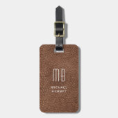 Monogram Modern Bruine Nep Leer Textuur Bagagelabel (Voorkant verticaal)