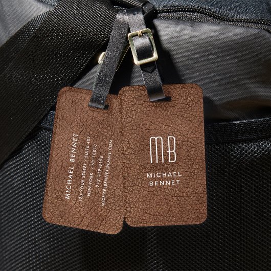 Monogram Modern Bruine Nep Leer Textuur Bagagelabel