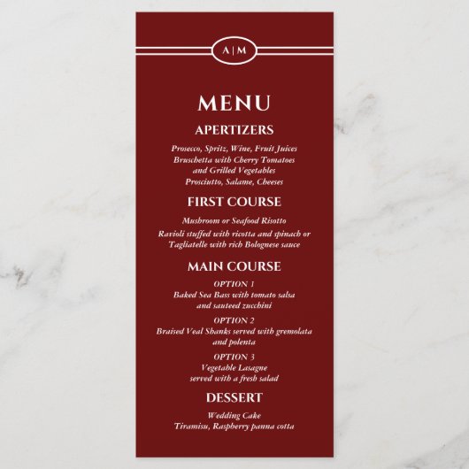 Monogram Modern Burgundy Christian Wedding Menu (Voorkant)