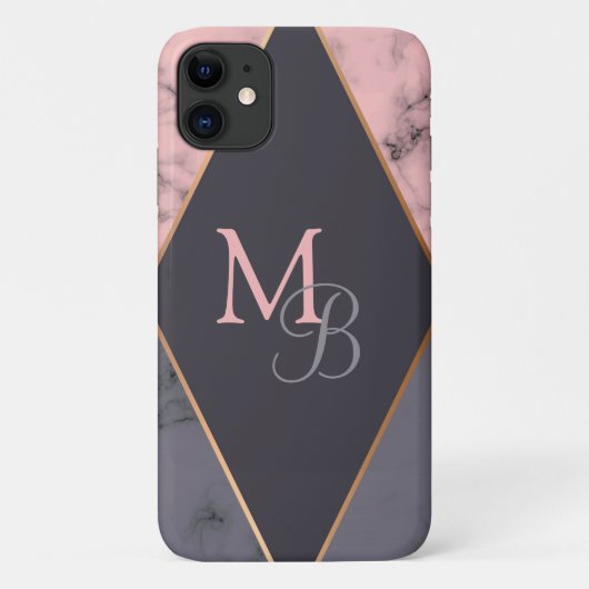 Monogram Modern Chic Meisjesachtig Roze Grijs Marm Case-Mate iPhone Case (Achterkant)