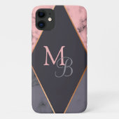 Monogram Modern Chique Girly Roze Grijs Marmer Case-Mate iPhone Case (Achterkant)