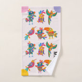 Monogram modern colorful birds pink green blue bad handdoek (Handdoek)
