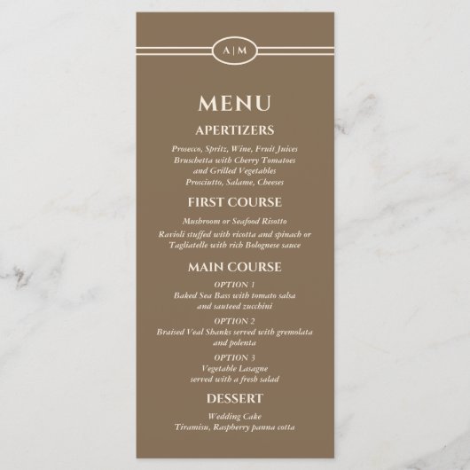 Monogram Modern Cream Taupe Wedding Menu (Voorkant)
