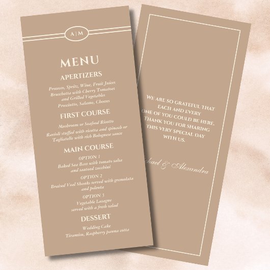 Monogram Modern Cream Taupe Wedding Menu