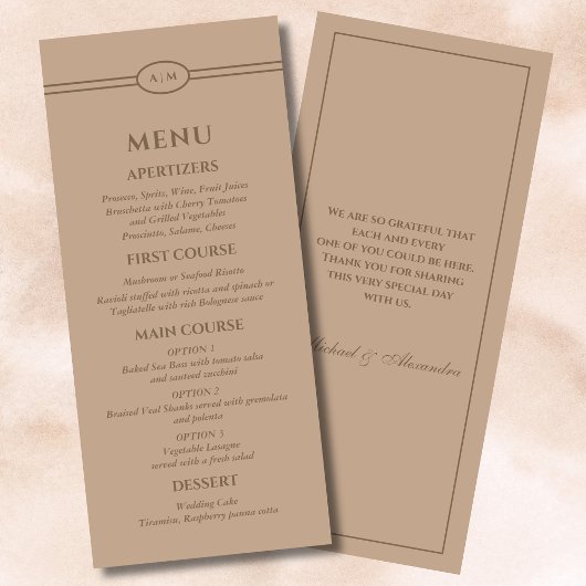 Monogram Modern Cream Taupe Wedding Menu
