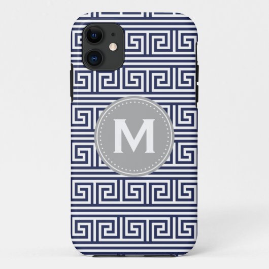 Monogram modern donker blauw Grieks sleutelpatroon Case-Mate iPhone Case (Achterkant)