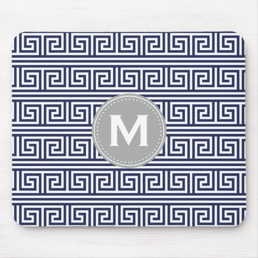 Monogram modern donker blauw Grieks sleutelpatroon Muismat (Voorkant)