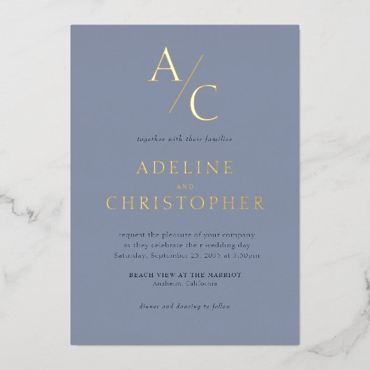 Monogram Modern Dusty Blue Gold Folie Uitnodiging (Voorkant)