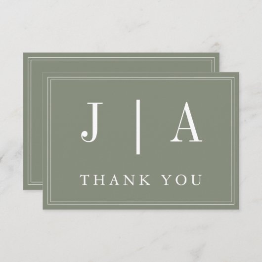 Monogram Modern Eenvoudig Sage Groen Wit Trouwen Bedankkaart (Voorkant / Achterkant)
