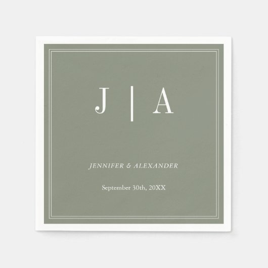 Monogram Modern Eenvoudig Sage Groen Wit Trouwen Servet (Voorkant)