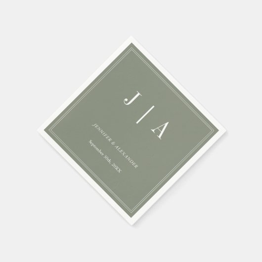 Monogram Modern Eenvoudig Sage Groen Wit Trouwen Servet (Hoek)