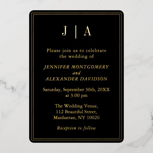Monogram Modern Eenvoudig Zwart en Gouden Huwelijk Folie Uitnodiging (Voorkant)