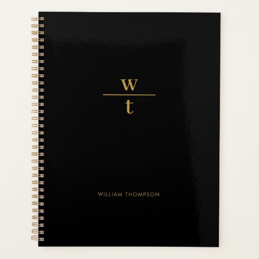 Monogram Modern Elegant Black Gold Planner (Voorkant)