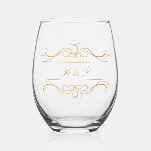 Monogram Modern Elegant Gold Swirl Wedding Wijnglas Zonder Voet (Voorkant)