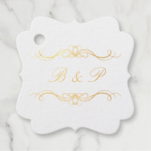 Monogram Modern Elegant Hearts Swirl Wedding Gold Bedankjes Labels (Voorkant)