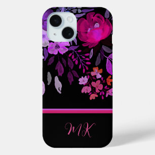 Monogram Modern Elegant Roze Paarse Bloemen iPhone 15 Case