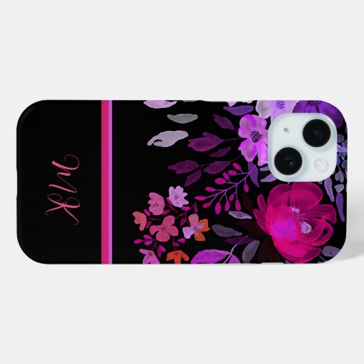 Monogram Modern Elegant Roze Paarse Bloemen Case-Mate iPhone Case (Achterkant (horizontaal))
