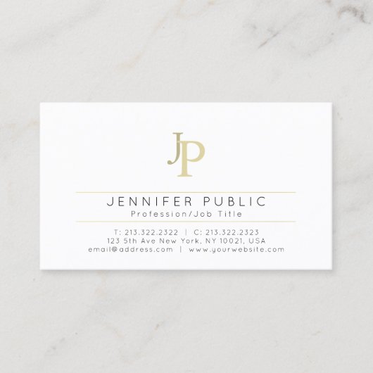 Monogram Modern Elegant Wit Goud Creatief Visitekaartje (Voorkant)