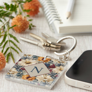 Monogram Modern Floral gepersonaliseerd Sleutelhanger