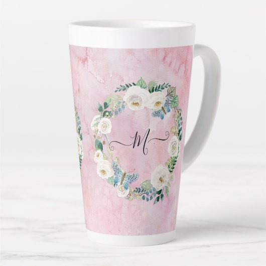Monogram Modern Floral Vlinder Waterverf Roze Latte Mok (Rechterhoek)