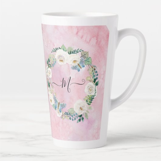 Monogram Modern Floral Vlinder Waterverf Roze Latte Mok (Rechts)