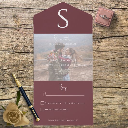 Monogram Modern Foto Burgundy Wine Geen diner All In One Uitnodiging