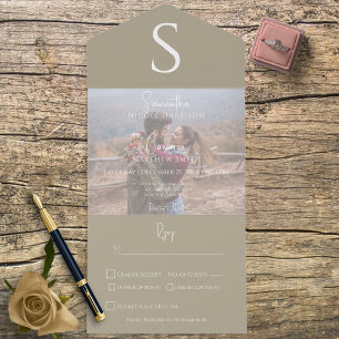 Monogram Modern Foto Khaki Tan All In One Uitnodiging