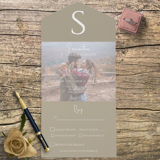 Monogram Modern Foto Khaki Tan All In One Uitnodiging