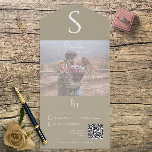 Monogram Modern Foto Khaki Tan QR Code All In One Uitnodiging