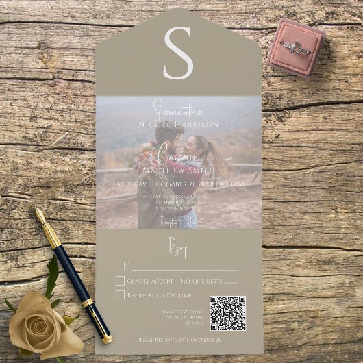 Monogram Modern Foto Khaki Tan QR Code All In One Uitnodiging