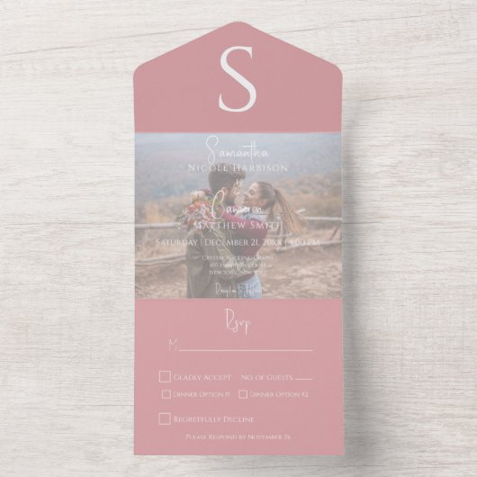 Monogram Modern Foto Stusty Pink Dinner All In One Uitnodiging (Binnen)