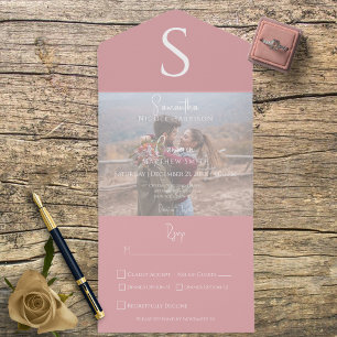 Monogram Modern Foto Stusty Pink Dinner All In One Uitnodiging