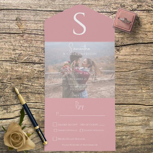 Monogram Modern Foto Stusty Pink Dinner All In One Uitnodiging