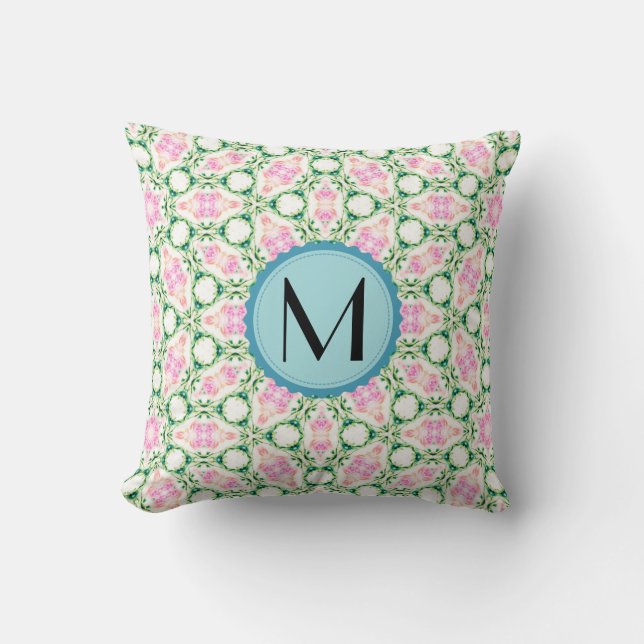 Monogram modern Geometrisch Roze Floral Patroon Kussen (Voorkant)
